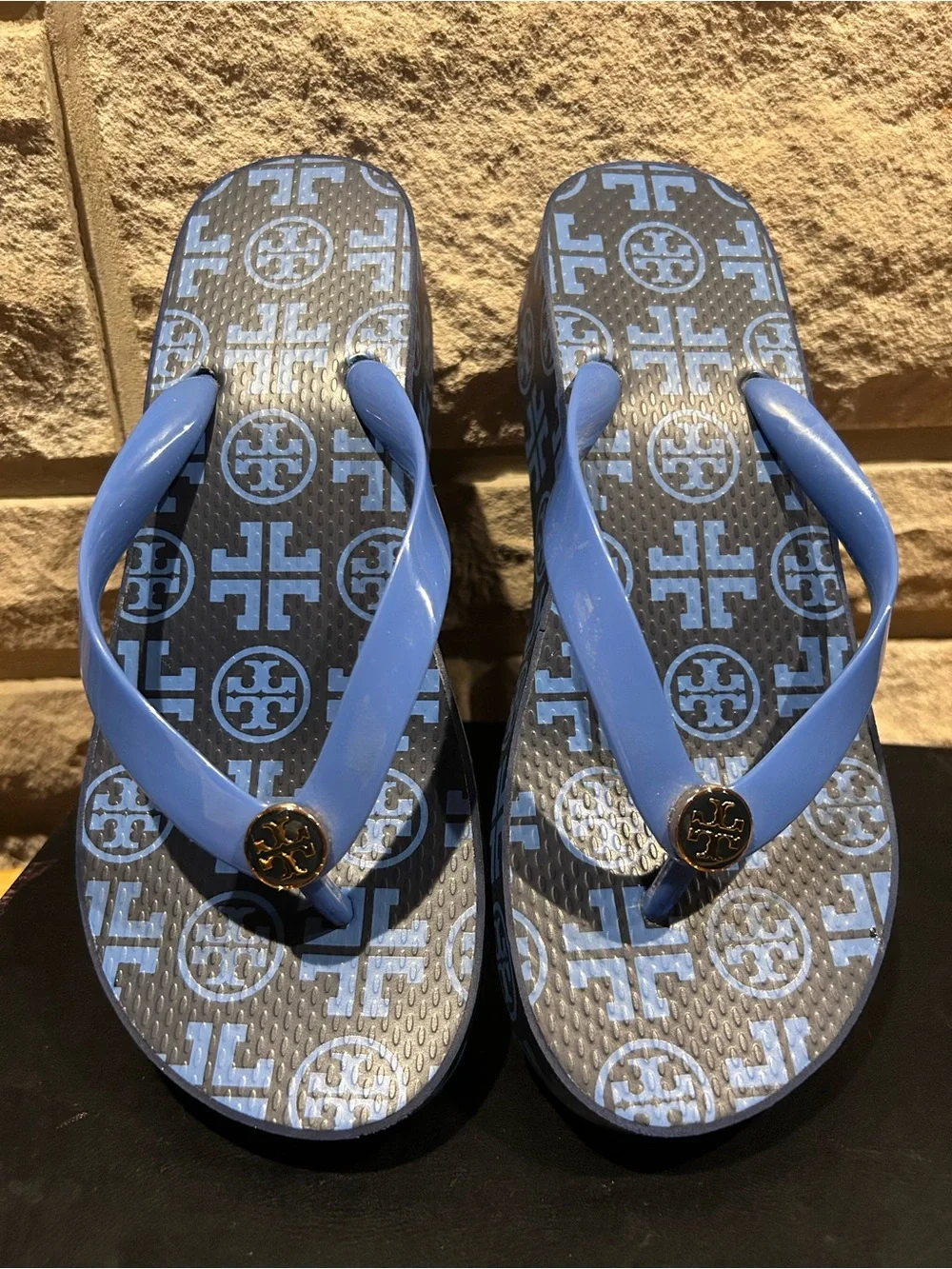 Tory Burch T Monogram Wedge Flip Flops – Periwinkle Blue, Size 6